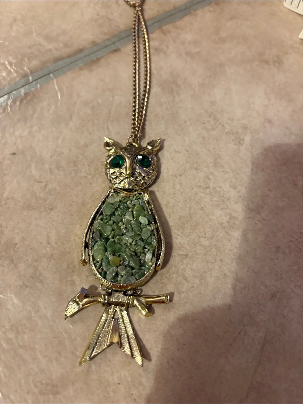 Gold-Tone Owl Pendant Necklace with Green Stone Inlay solid!